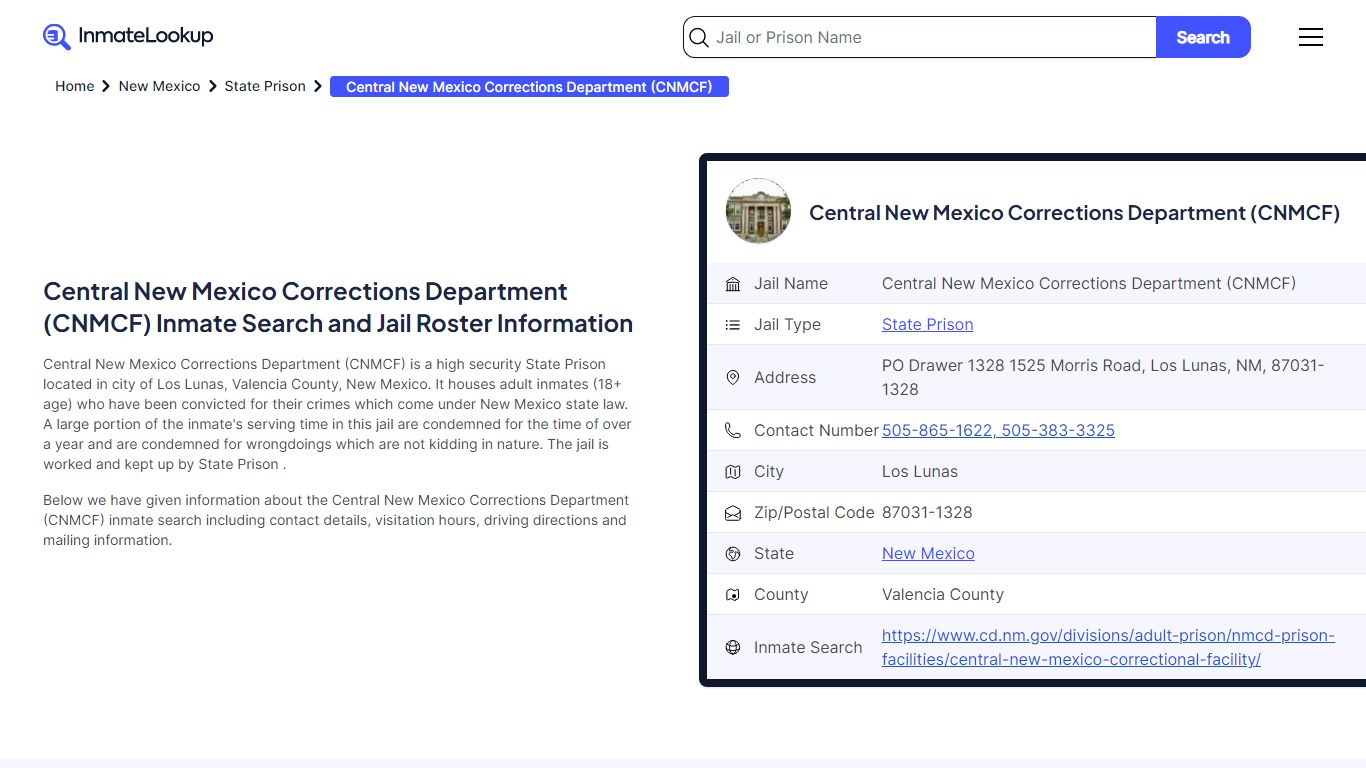 Central New Mexico Corrections Department (CNMCF) Inmate Search, Jail ...